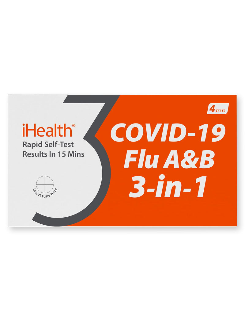 [Australia - AusPower] - iHealth COVID-19, Flu A&B 3-in-1 Antigen Rapid Test, Results in 15 Minutes, FDA Authorized OTC Flu & COVID Home Test, with Non-invasive Nasal Swab, Easy to Use & No Discomfort (1 Pack, 4 Tests Total) 