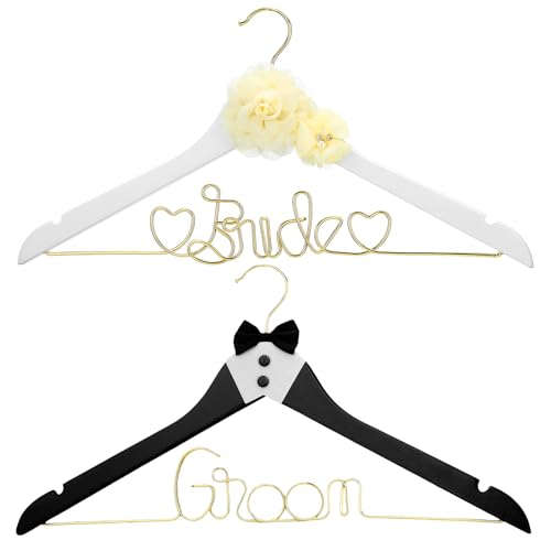 Yousoontic 2 Pcs Bride Groom Wedding Hangers Wooden Bow Tie Flower