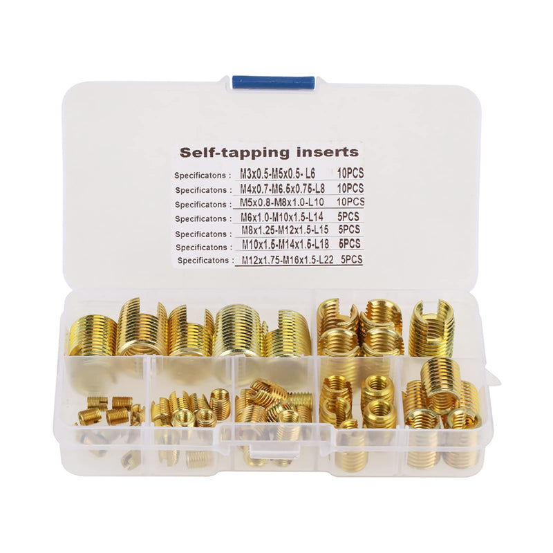 [Australia - AusPower] - Threaded Inserts Kit, 50Pcs Brass Tone Self Tapping Thread Slotted Inserts Combination Set Repair Thread Tool with Storage Case M3 M4 M5 M6 M8 M10 Thread Inserts Set 
