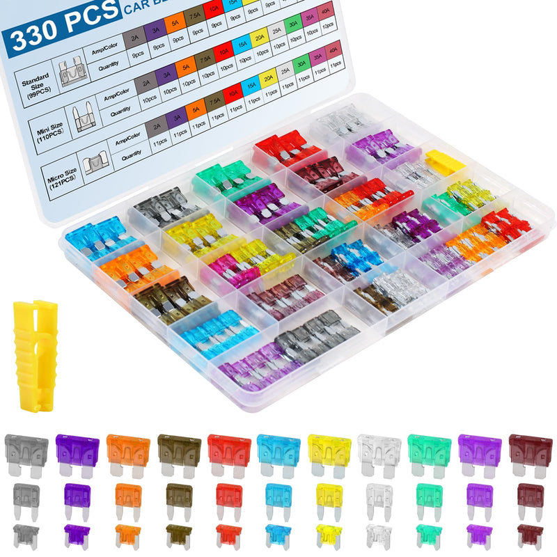 [Australia - AusPower] - 330PCS Car Fuses Assortment Kit, Upgraded Blade Fuses Automotive - Standard & Mini & Micro Fuse (2A/3A/5A/7.5A/10A/15A/20A/25A/30A/35A/40A), cooclensportey Mixed Auto Fuses for Car, RV, Boat, Truck 