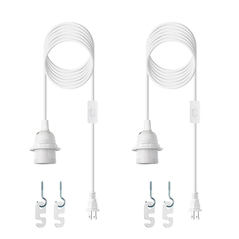 [Australia - AusPower] - Plug in Light Socket - 16Ft Pendant Light Cord Kit E26/E27 Light Socket Hanging Lantern Lamp Cord with On/Off Switch,Socket Rings, 2 Pack, White 16FT-White-2Pack 