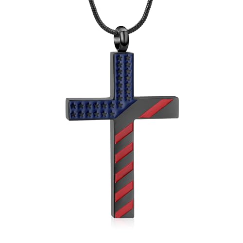 American Flag Cross Urn Necklace for Ashes for Men Women Cremation Jewelry Religious Cross Ashes Keepsake Memorial Jewelry of Loved One B