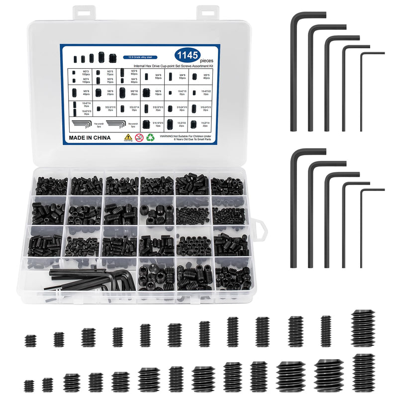 [Australia - AusPower] - 1145PCS 25 Sizes Metric & SAE Set Screw Assortment Kit,12.9 Class Alloy Steel Internal Hex Drive Cup-point Set Screws Assortment Kit with 10 Hex Wrenches, M3 to M8 and 1/8-40 to 5/16-18 1145pcs Internal Hex Drive Allen Grub Screws Set 
