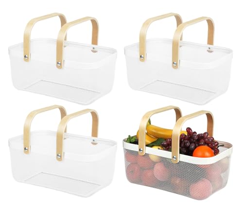 IBWell Square Metal Wire Woven Fruit Storage Bowl Basket with Wooden Handle, Large Black Mesh Fruit Stand, Multi-function Hanging Kitchen Baskets (White, Extended 4PCS) White Extende 4PCS