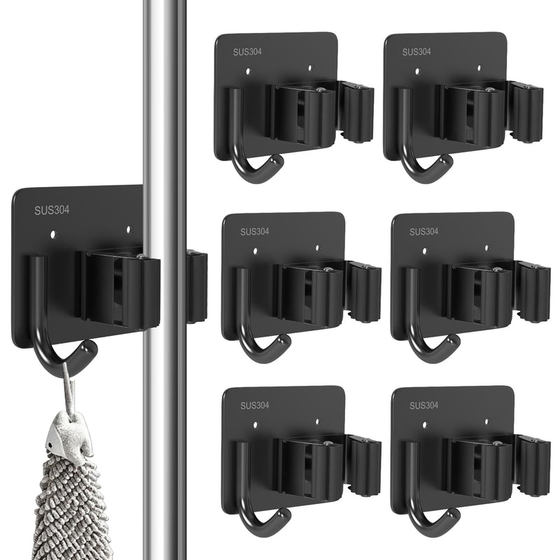 3-H Broom Holder Wall Self-Adhesive, Pack of 6 Tool Holder, Broom Holder, No Drilling, Stainless Steel Broom Wall Mount with Hooks, Garden Tool Holder, Tool Holder for Kitchen, Bathroom, Garden, Black | Besenhalter ohne Bohren,Edelstahl Besen Wandhalte...