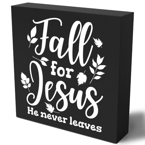 Woght Cute Fall Decoration for Home, Fall for Jesus He Never Leaves Sign Home Decor Leaves Decorations Sign, Autumn Office Desk Table Cubicle Shelf Decor 5 X 5 Inch (Black) Fall12 5 inches by 5 inches