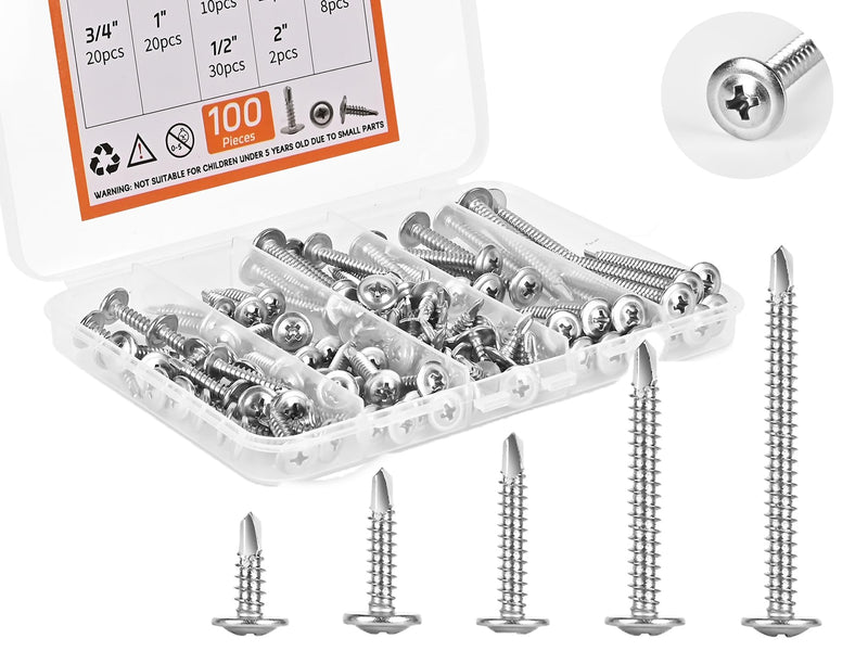 [Australia - AusPower] - 100pcs Premium #8 Self Tapping Screw Assortment Kit, 410 Stainless Steel Sheet Metal Screws, 8 x 1/2" - 2" Self Drilling Screws for Metal, Truss Head 