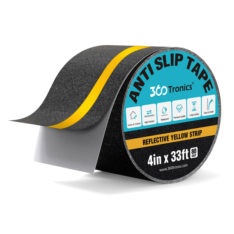 Anti Slip Grip Tape with Yellow Reflective Stripe, 4" x 33ft Non-Slip Traction Tape Strips Roll, Indoor & Outdoor Waterproof Non-Skid Tape for Stair Treads Steps Ramps 4 Inch x 33 Feet Black with Reflective Yellow Strips