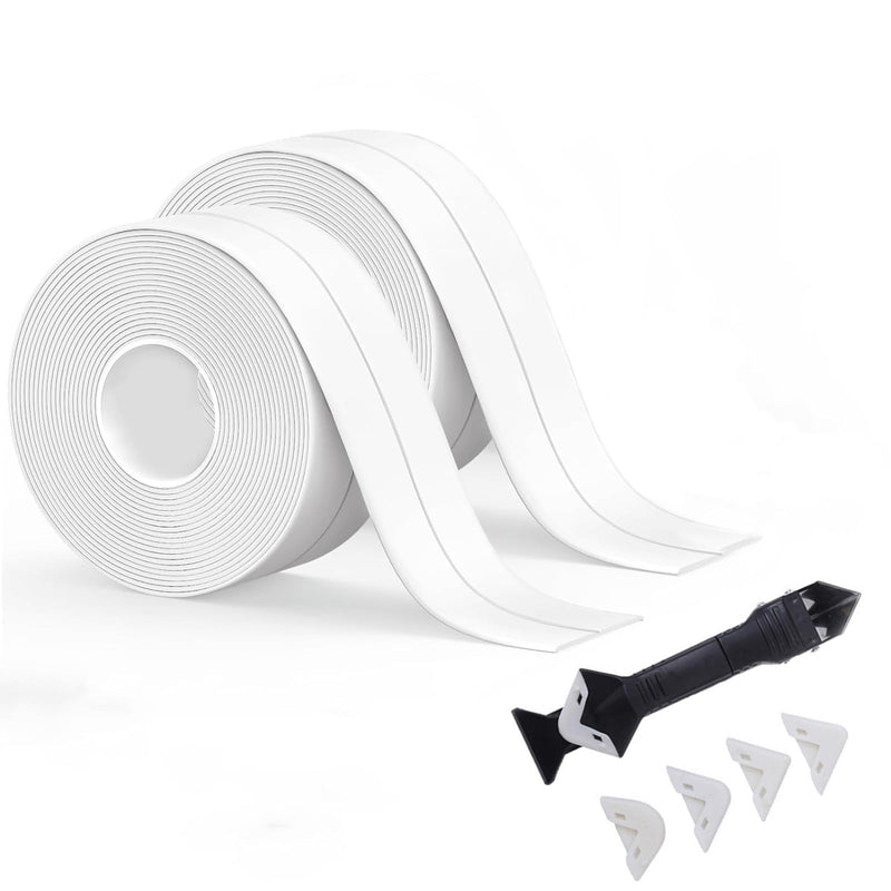[Australia - AusPower] - White Caulk Tape Waterproof Self Adhesive, Bathroom Caulking Tape,Sealer Strip for Toilet Base Shower Wash Basin Sink, Easy to Use with Silicone Caulking Tool, Multifunction Middle Crease Design 