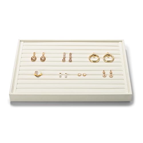 Microfiber Ring Earring Display Tray with Elastic Bar Design White 11 Slot Beige
