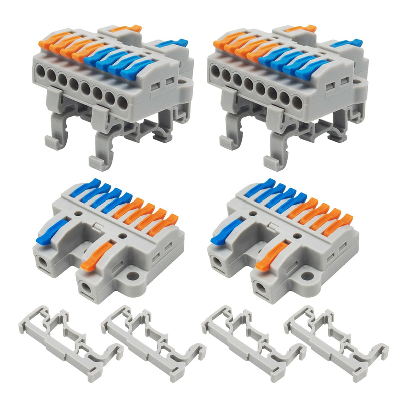 [Australia - AusPower] - 4PCS DIN Rail Terminal Blocks with 8PCS Removable Rail Clip Quick Wiring Cable Connectors Push-in Conductor Terminal Block (2 in 8 out) 2 IN 8 OUT 