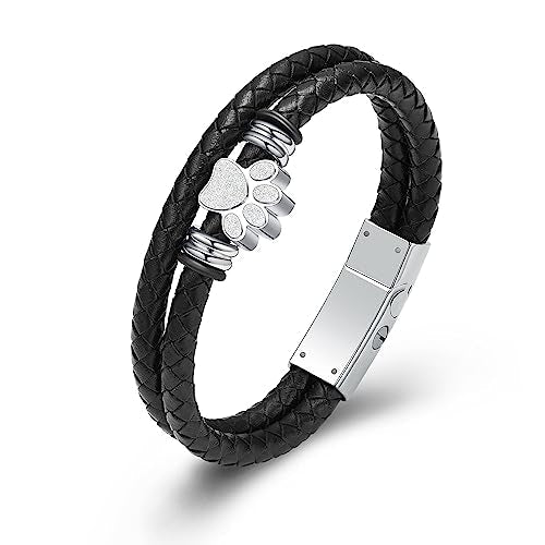 Paw Print Urn Bracelet for Ashes Pet Cremation Jewelry for Women Men Stainless Steel Memorial Bracelets Ash Holder for Pet/Dog/Cat Keepsake Jewelry for Loved Ones with Fill Tool Silver 18cm/7.08"