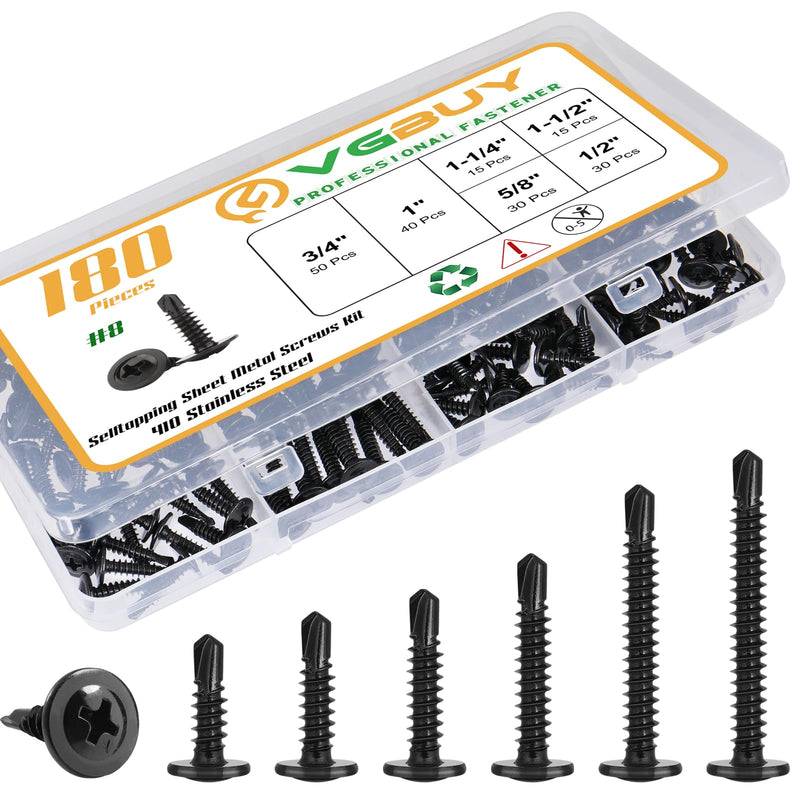 [Australia - AusPower] - 180Pcs #8 Sheet Metal Screws Assortment Kit,410 Stainless Steel Self Tapping Screws for Metal,Self Drilling Screws Black Zinc Plated,6 Sizes (1/2",5/8",3/4",1",1-1/4",1-1/2") Modified Truss Head 
