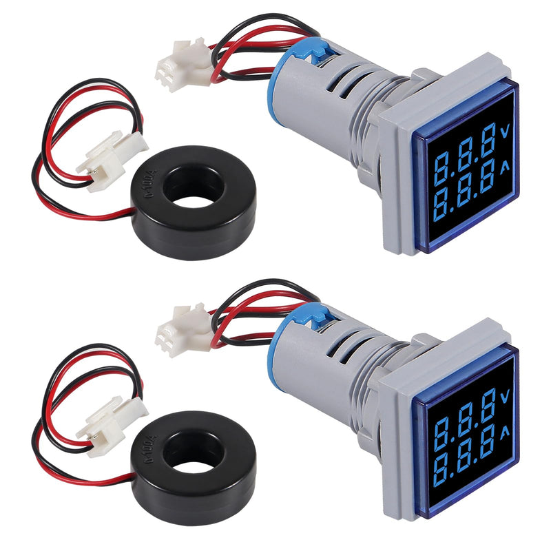 [Australia - AusPower] - 2pcs Blue LED Display Voltmeter, Square Dual Display Voltmeter and Ammeter LED Digital Voltage Gauge AC 60-500V 0-100A Current Meter Indicator 