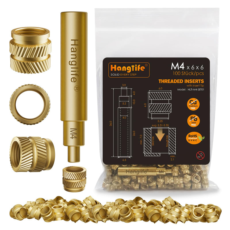 [Australia - AusPower] - M4 Heat-Set Threaded Inserts with Insert Tip, Heat Set Insert for 3D Printing Components and Plastic Parts with Soldering Iron Press Tool - Brass Metric Knurled Nuts (100 Pieces) M4 x D6 x L6(100pcs) 