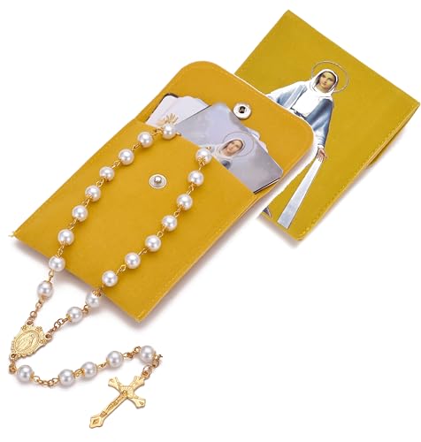 SZQCZB 8mm Rosary Beads Catholic for Women with Holy Mary Medal - Confirmation Gifts for Teenage Girl - Including Holy Mary Rosary Pouch and 18pcs Saint Cards Gold