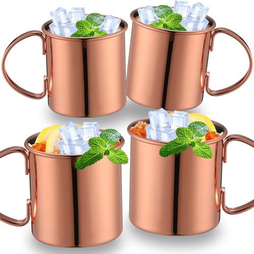 Four SiliFine copper Moscow Mule mugs with handles, 16.9 oz capacity, featuring a shiny metallic finish and traditional design.