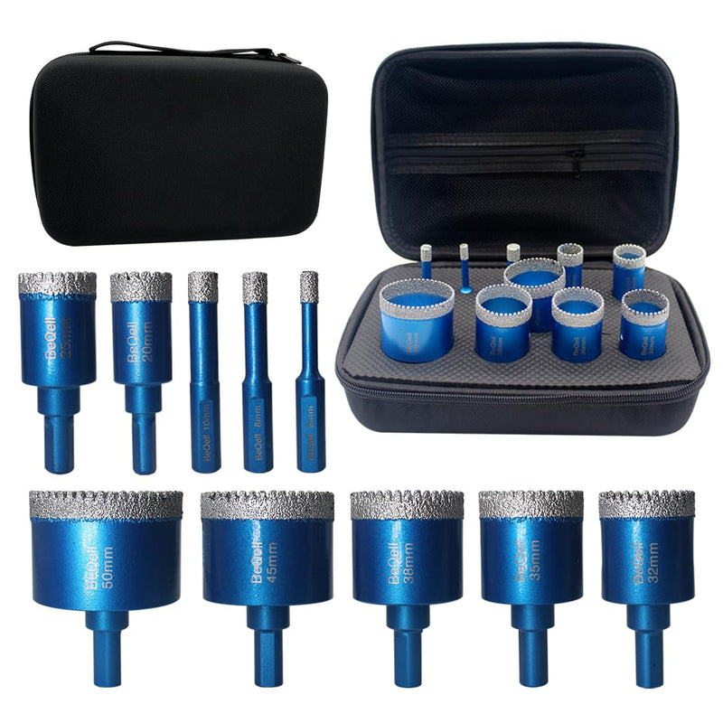 Tile Hole Saw Kit Diamond,BeQell 10pcs Diamond Core Drill Bits Set for Ceramic Porcelain Tile Marble Granite Stone Tools Drilling Triangle Shank with Storage Case