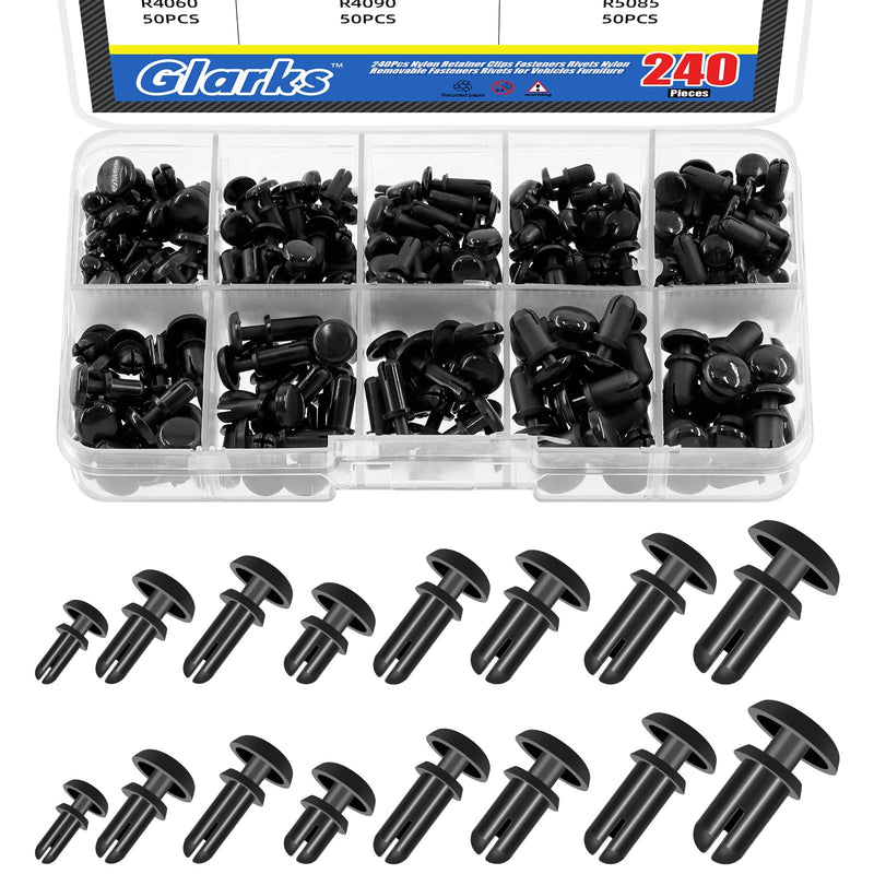 [Australia - AusPower] - Glarks 240pcs 8 Sizes Nylon Removable Push Head Fasteners Rivets 2MM 3MM 3.5MM 4MM 5MM Black Push Pin Clip Rivets Car Bumper Retainer Clips Bumper Shield Retainer Push-in Screw Bumper Push Rivet Clip 
