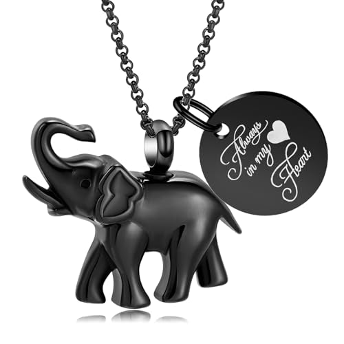 Urn Necklace for Ashes Elephant Cremation Jewelry for Human Pet Ashes Keepsake Memorial Urn Pendant Locket for Women Men Black