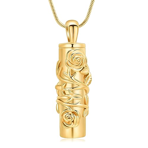 Cylinder Urn Necklace for Ashes Roseflower Cremation Jewelry Urn Ashes Necklace for Women Men Memorial Keepsake Necklace of Loved One Gold