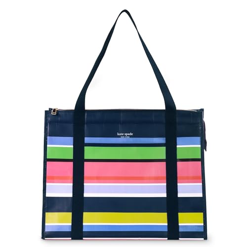 Kate Spade New York insulated grocery tote bag with bright sunny day stripe pattern, reusable and perfect for shopping.