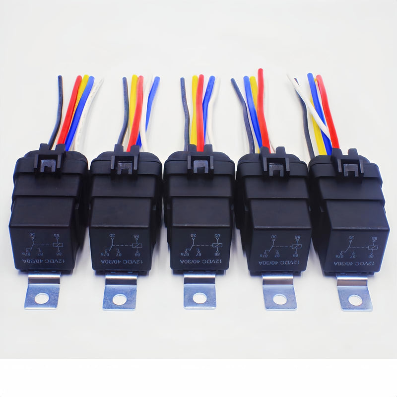 5-Piece 40/30 amp 12VDC Waterproof Relay with Harness 5-pin, Heavy Duty 12/16AWG tinned Copper Wire, 12VDC Waterproof 5-pin SPDT Pure Copper Coil Relay.-5 Pack