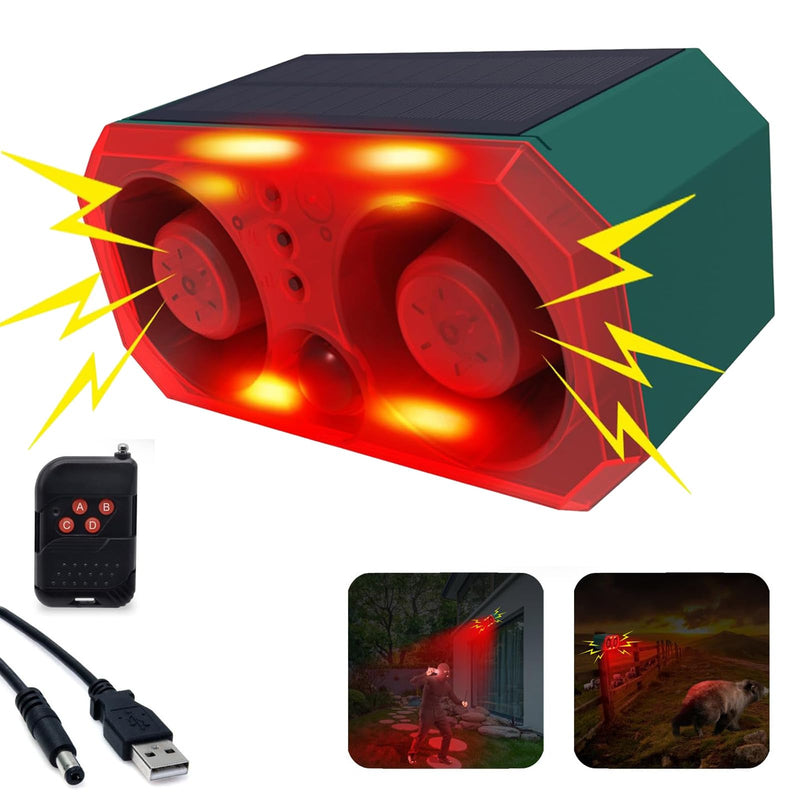 Solar Outdoor Motion Detector Sensor Alarm, Personalize Recording Siren & Strobe Lights, 2*130db Dual-Specker, builtin 13 Sounds Modes Bluff & Intimidate Warning with Remote Controller (1) Red
