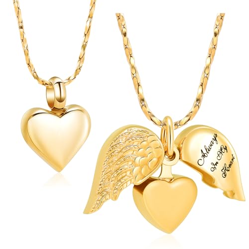 Imrsanl 2 pcs Heart Urn Necklace Pendants Ashes for Women Men Family Keepsake Memorial Angel Wing with Charm Heart for Loved Ones