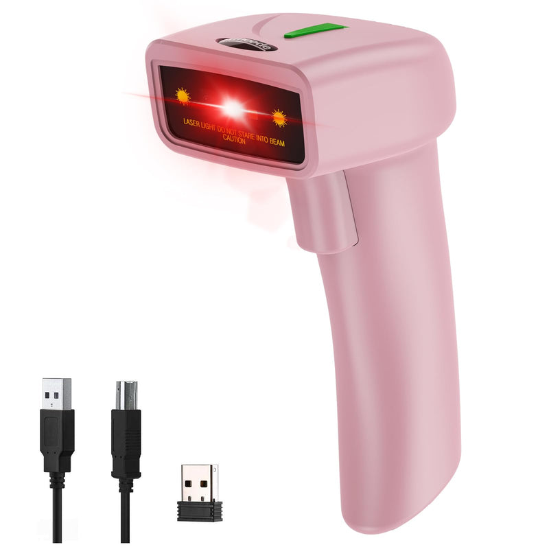 USB Wireless Barcode Scanner,Symcode Handheld Laser 1D Bar Code Reader Scanner (2.4GHz Wireless & USB2.0 Wired) Rechargeable Cordless 1D Barcode Scanner 1D Wireless Scanner Pink