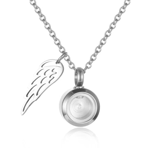 Tiny Glass Round Cremation Urn Necklace For Ashes For Women With Angel Wing Stainless Steel Memorial Locket Necklace Keepsake Jewelry Silver