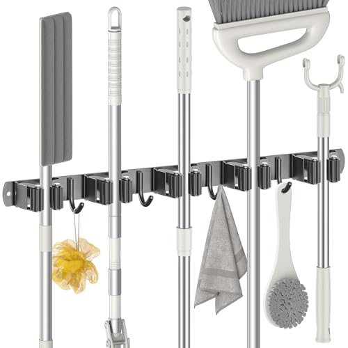 Radikor Wall Broom Holder, Stainless Steel Broom Holder with 5 Holders & 4 Hooks | Installation without drilling or screws. Keeps brooms, mops and garden tools tidy in the home and garage Black L x1