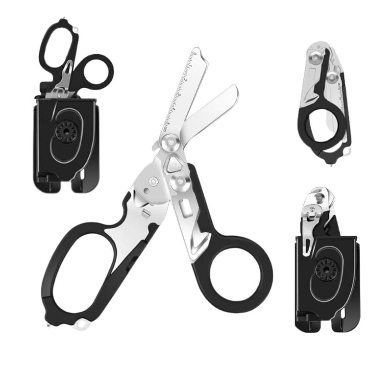 [Australia - AusPower] - 6 in 1 Multifunctional Trauma Shears Foldable with Strap Cutter | Heavy Duty Stainless Steel Emergency Response Shears | Survival Shears With Holster | Medical Trauma shears Tactical | Black 