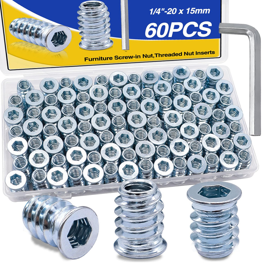 Taiss 60PCS 1/4"-20 Threaded Inserts for Wood,Hex Socket Drive Insert Nuts for Wood Furniture Screw Assortment with Hex Wrench (1/4"-20 x 15mm) F-107-60PCS