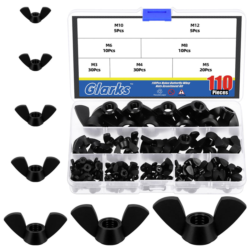 [Australia - AusPower] - Glarks 110Pcs 7 Sizes Black Wing Nuts Assortment Kit, M3, M4, M5, M6, M8, M10, M12, High Strength Nylon Butterfly Nuts, Wing Bolt Fasteners, Hand Twist Tighten Ear Wing Nuts 