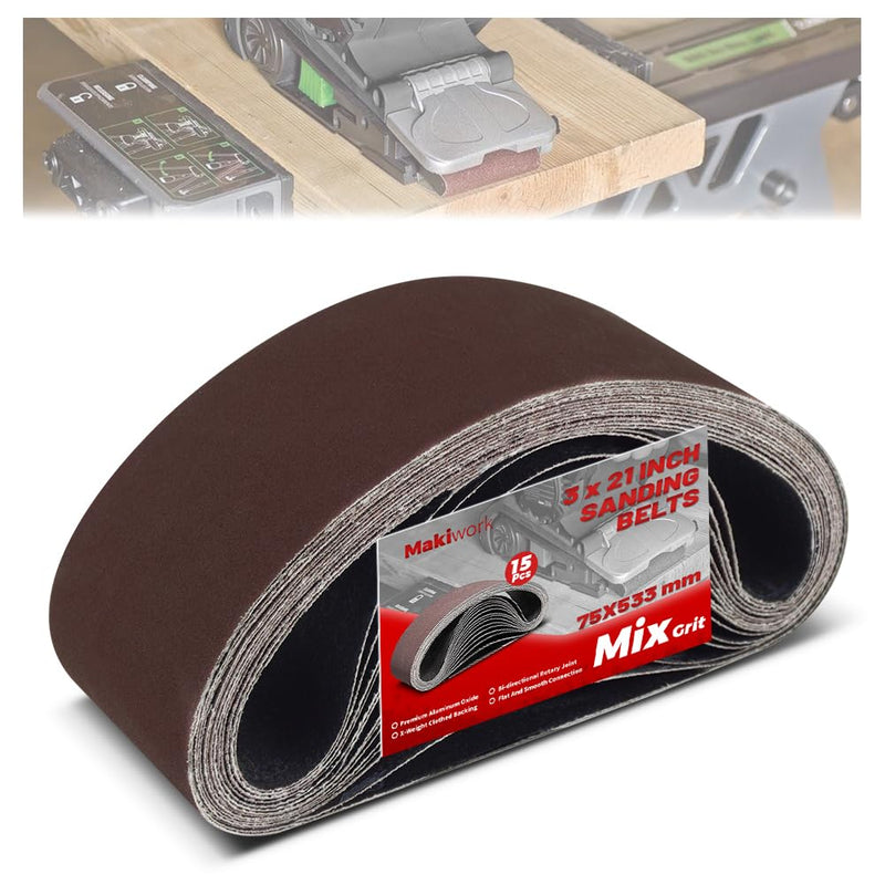 [Australia - AusPower] - 3 x 21 Inch 75 x 533 mm Sanding Belts Set - 15-Pack with 80/120/150/240/400 Grits, Aluminum Oxide Abrasive Belts for Woodworking 3 x 21(15pcs) 