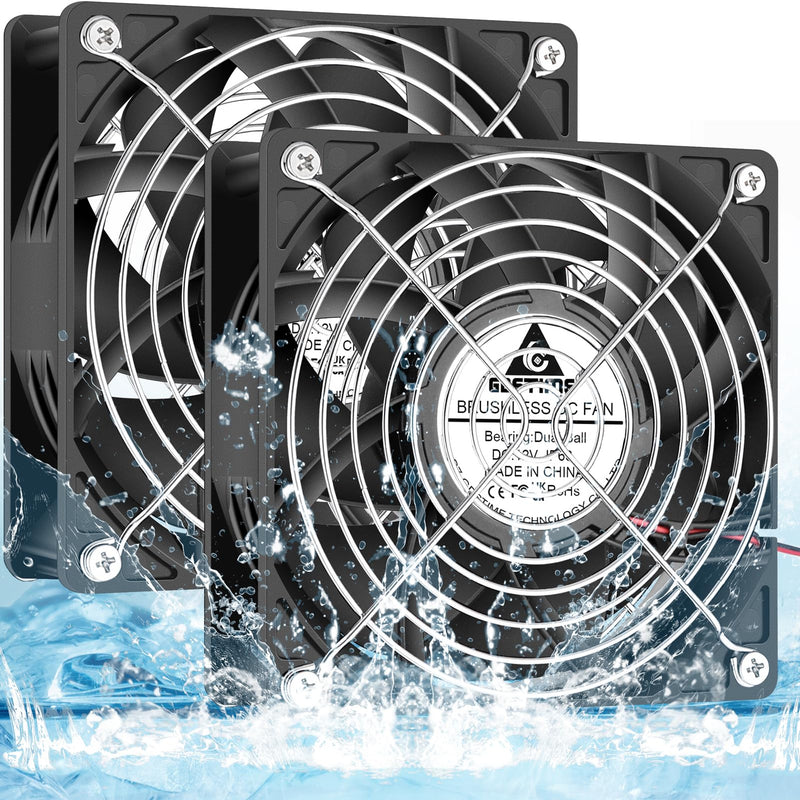 GDSTIME 120mm x 38mm 12V DC IP68 Waterproof Fan, High Speed Dual Ball Bearing Brushless Computer PC Case Exhaust Cooling Fan 2Pin for RV Refrigerator Solar Battery Box Ventilation, 2 Pack 120x38mm