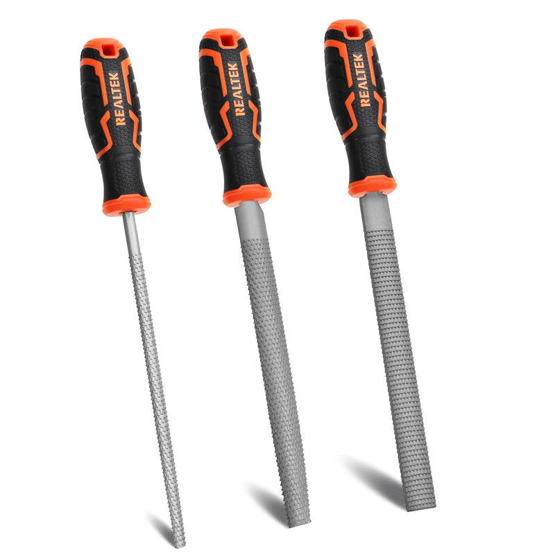 [Australia - AusPower] - 3-Piece 12" Wood Rasp File Set with 4" Longer Rubber Grip, T12 High Carbon Wood File Set for Woodworking, Flat/Half Round/Round Perfect Wood Files for Wood Manual Cutting and Sharping Wood Files-3pc 