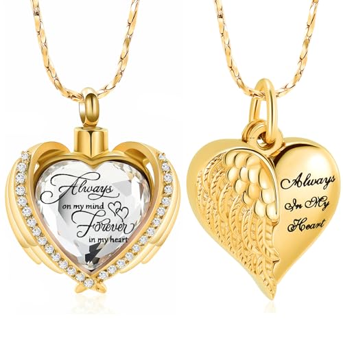Imrsanl 2 pcs Cremation Jewelry for Ashes Heart Urn Necklace Pendants Ashes for Women Men Family Keepsake Memorial Angel Wing Pendant for Loved Ones