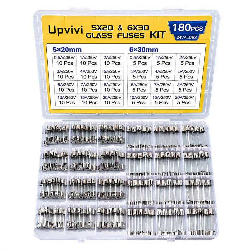 [Australia - AusPower] - Fast Blow Glass Fuse Assortment Kit, 24 Values Glass Fuses 250V 5x20mm 0.5A 1A 2A 3A 4A 5A 6A 7A 8A 10A 15A 20A, 6x30mm 0.5A 1A 2A 3A 4A 5A 6A 7A 8A 10A 15A 20A Tube Fuses 