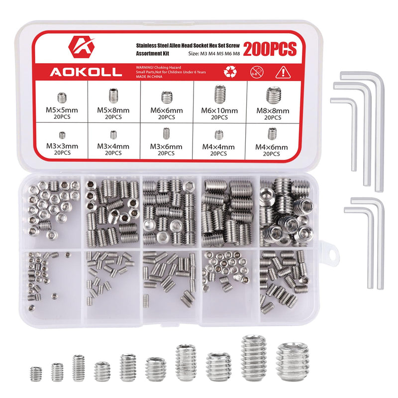 [Australia - AusPower] - 200pcs Stainless Steel Allen Head Grub Screws Socket Hex Set Screw Metric M3 M4 M5 M6 M8 Assortment Kit (Silver) Silver 