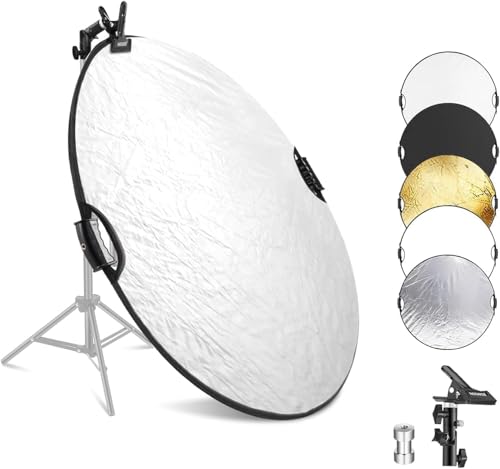 NEEWER 43"/110cm Light Reflector with Clamp & Hand Grips, 5 In 1 Collapsible Multi Disc Photography Reflector Translucent/Silver/Gold/White/Black with 3/8" Thread for Studio Outdoor Lighting, RF-110II 110cm w/Clamp