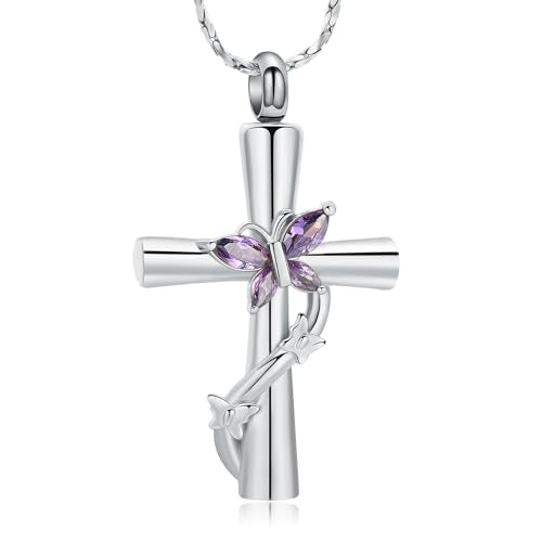 Imrsanl Cross with Butterfly Urn Necklaces for Ashes for Women Silver Purple