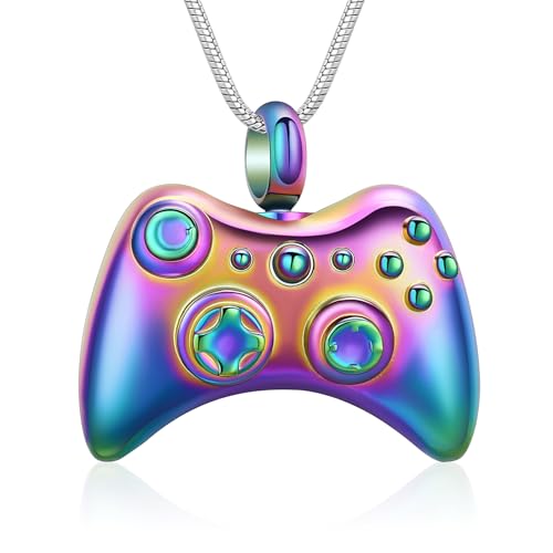 Game Controller Urn Necklace for Ashes Cremation Jewelry Stainless Steel GamePad Pendant Memorial Necklaces Ash Holder for Human Pets Keepsake Jewelry for Loved Ones with Fill Tool Rainbow