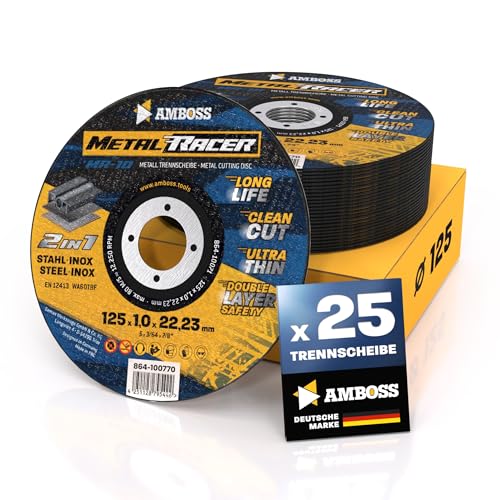 25x Metal Cutting Discs 125 x 1.0 mm Thin Flex Discs for Steel | Metal Racer by AMBOSS WERKZEUGE ist geeignet für Stahl & Edelstahl, Stahl/Inox Trennscheibe 125 passend für Winkelschleifer Diameter 125 mm – cutting disc Pack - 25 pieces