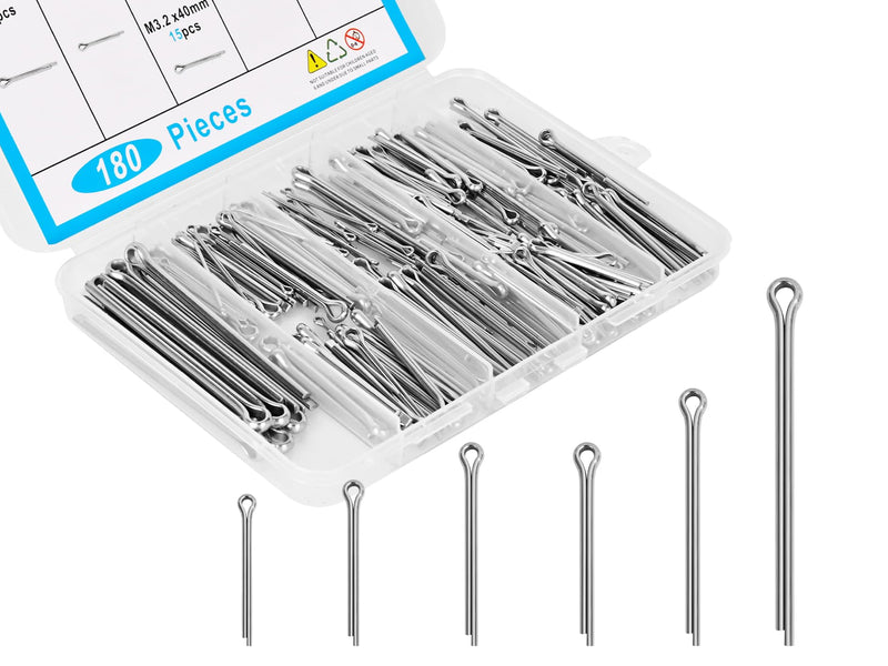 [Australia - AusPower] - 180pcs Premium 304 Stainless Steel Cotter Pin Assortment Kit, 6 Sizes Heavy Duty Cotter Pins, Hardware Pins for Automotive, Machinery, Lawn Mowers, and DIY Projects 