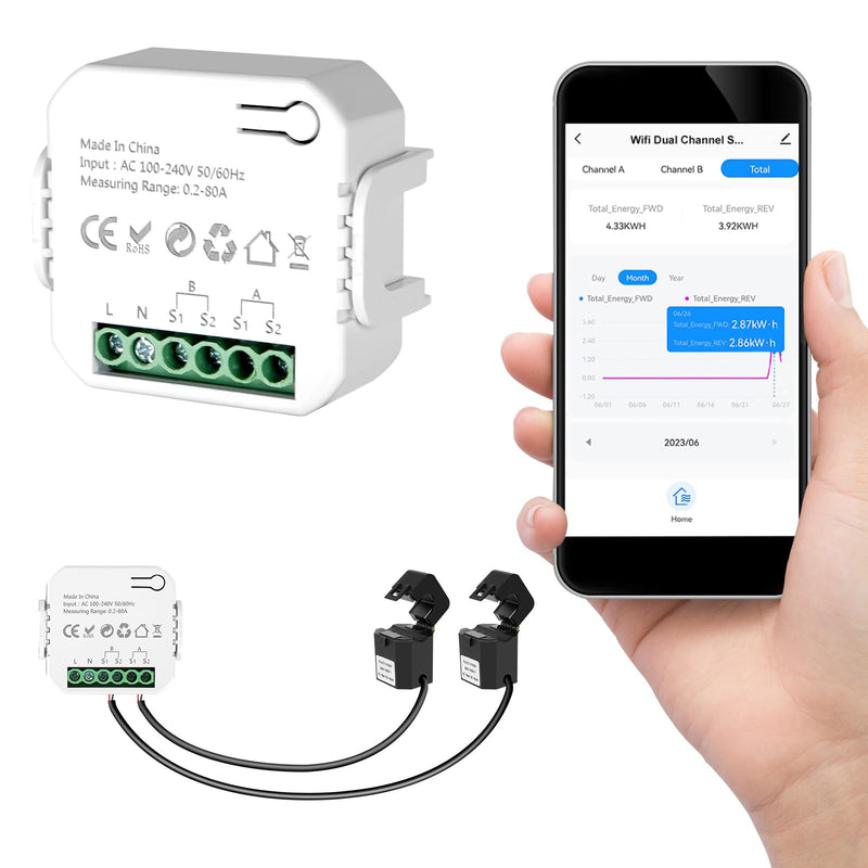 [Australia - AusPower] - Smart Home Energy Monitor, with 2 x 80A CTs, Bi-Directional Power Tracking, Real-Time Electricity Usage Monitor, 2.4GHz Wi-Fi, Compatible with Tuya/Smart Life Apps 