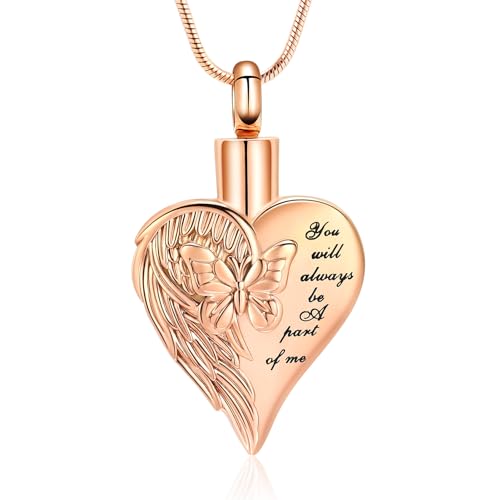 zeqingjw Heart Cremation Jewelry for Ashes Butterfly Urn Necklace for Women Loved Ones Ash Holder Keepsake Gift Memorial Pendent for Human Ashes Rose Gold