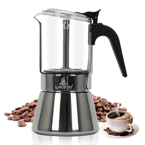 LAOION 6-cup silver stovetop espresso and Moka pot for Cuban coffee, made of durable metal with a classic design.
