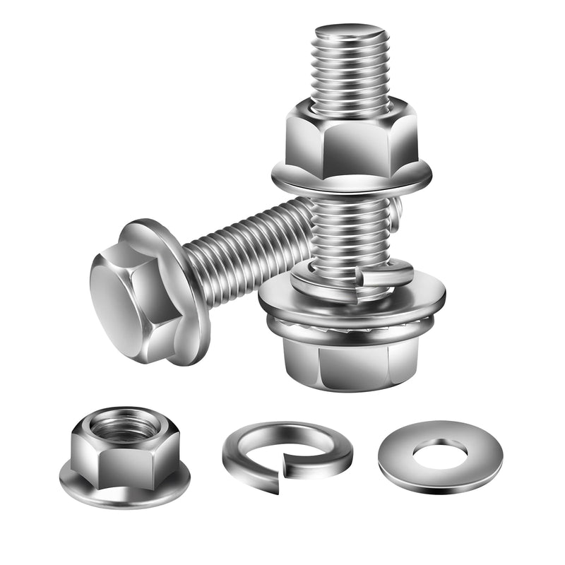 M10 x 16mm Flanged Hex Head Bolts, Nuts, Flat & Lock Washers, 20Pcs 18-8 (304) Stainless Steel, Fully Threaded, by SG TZH M10 x 16mm Silver 20